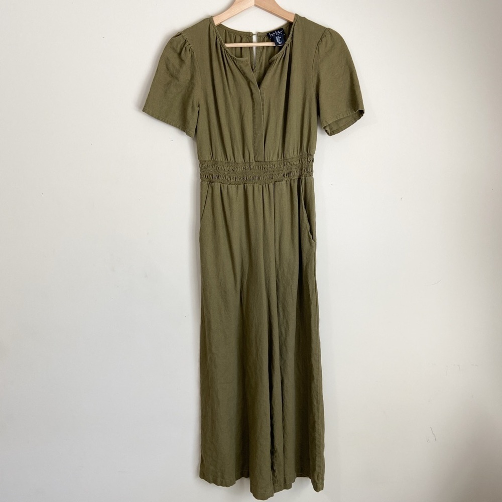 Olive Linen Blend Wide Leg Jumpsuit